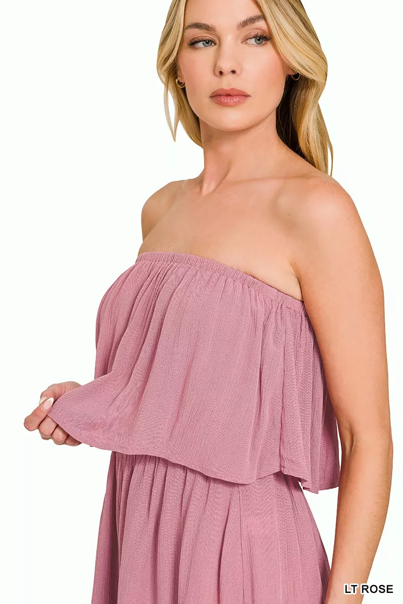 Zenana Woven Crinkle Strapless Rompers - Image 9