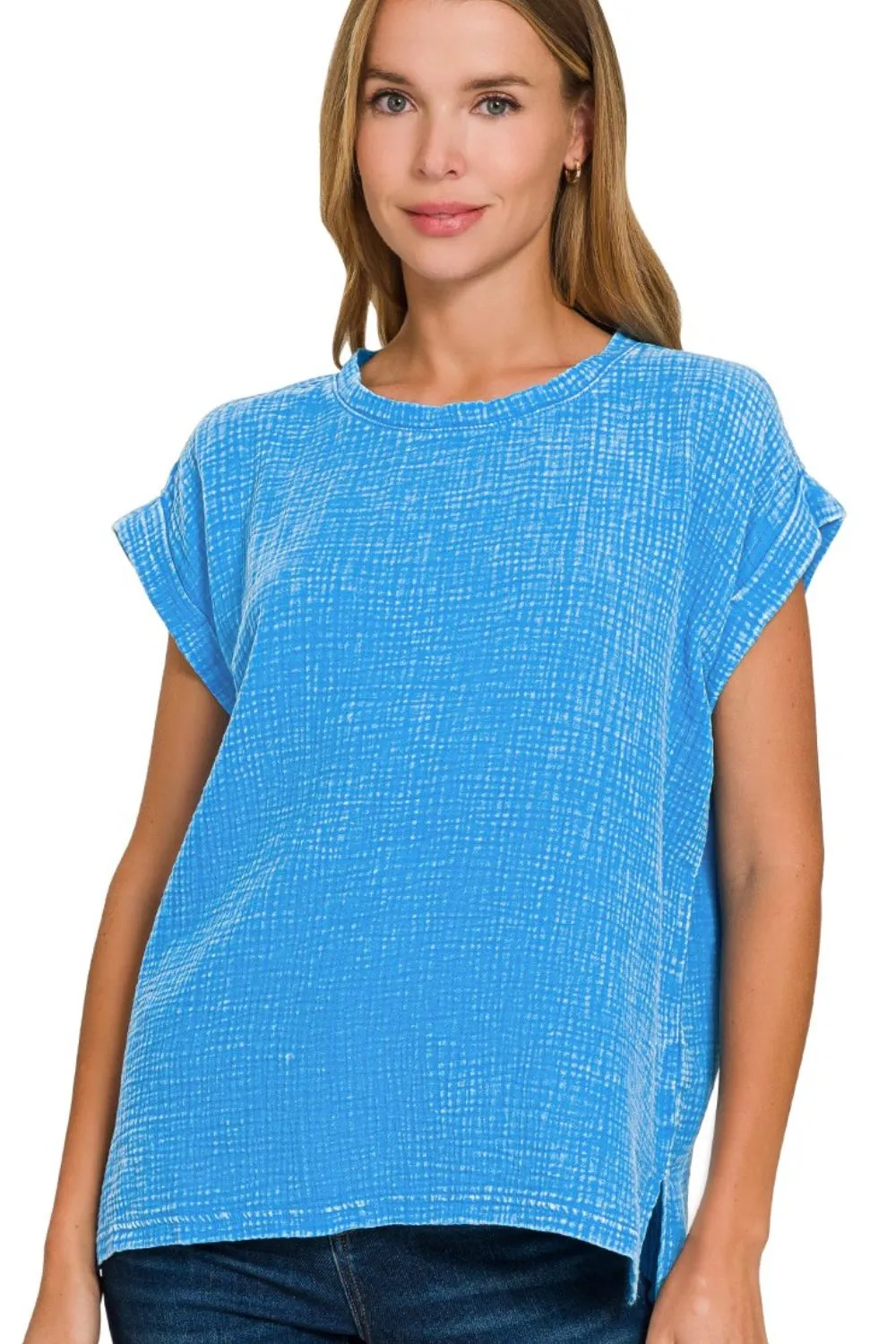 Zenana Woven Double Gauze Acid Washed Short Sleeve Top - Image 3