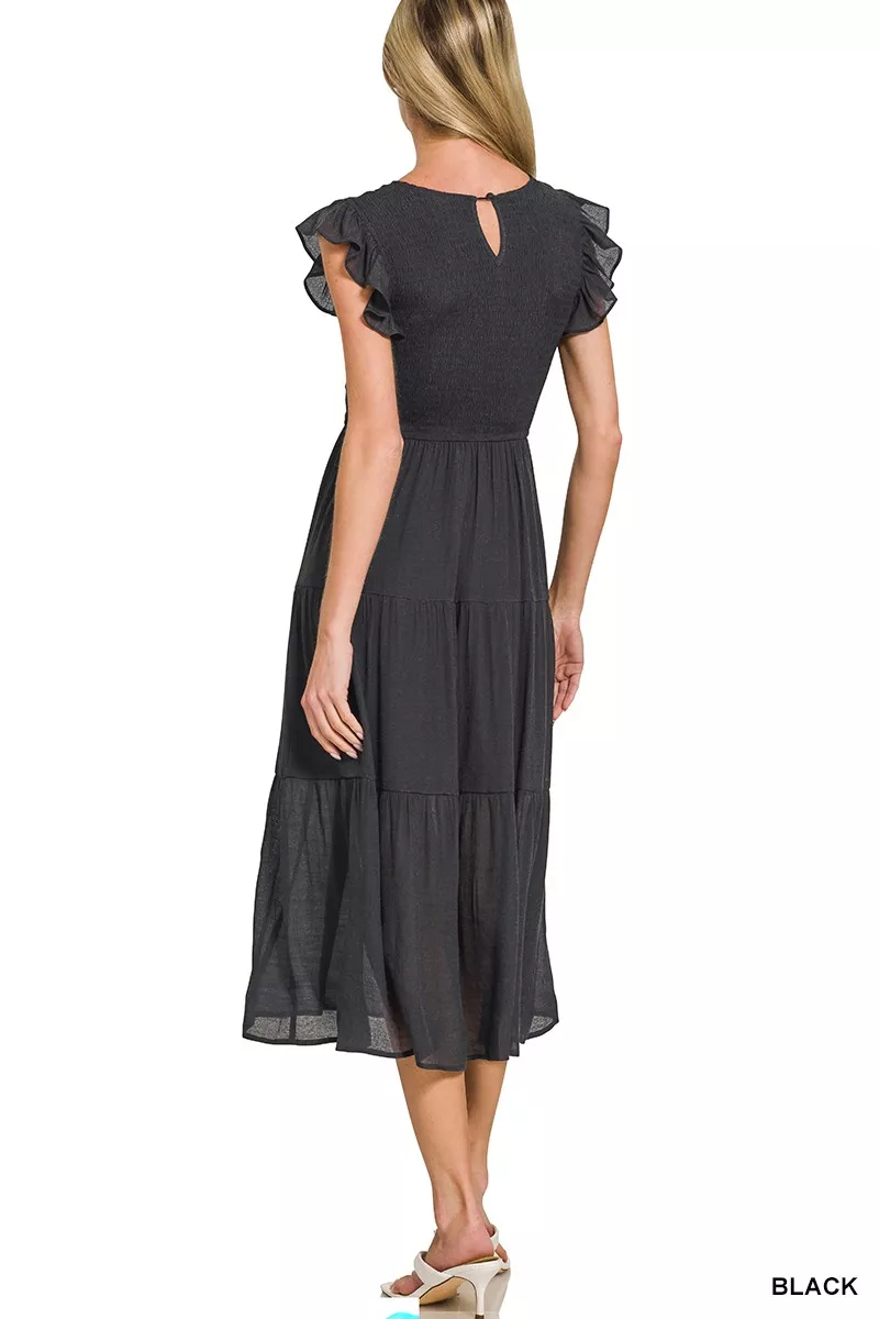 Zenana Woven Smocked Ruffle Sleeve Midi Dress - Image 3
