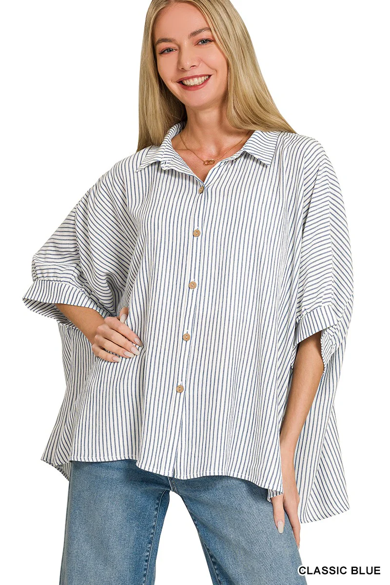 Zenana Woven Stripe Button Down Boxy Shirt