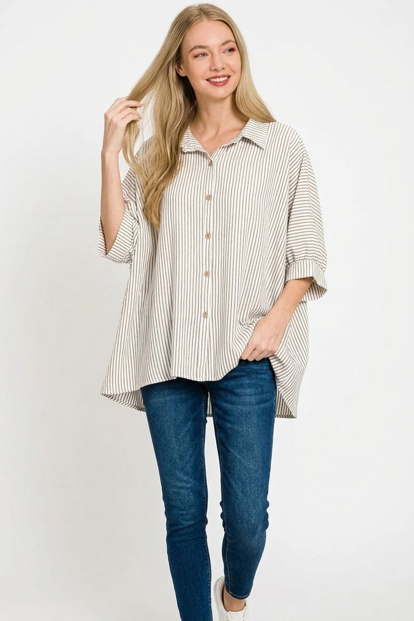 Zenana Woven Stripe Button Down Boxy Shirt - Image 3