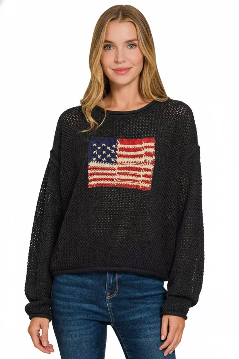 Zenana Zenana American Flag Crew Neck Sweater - Image 3