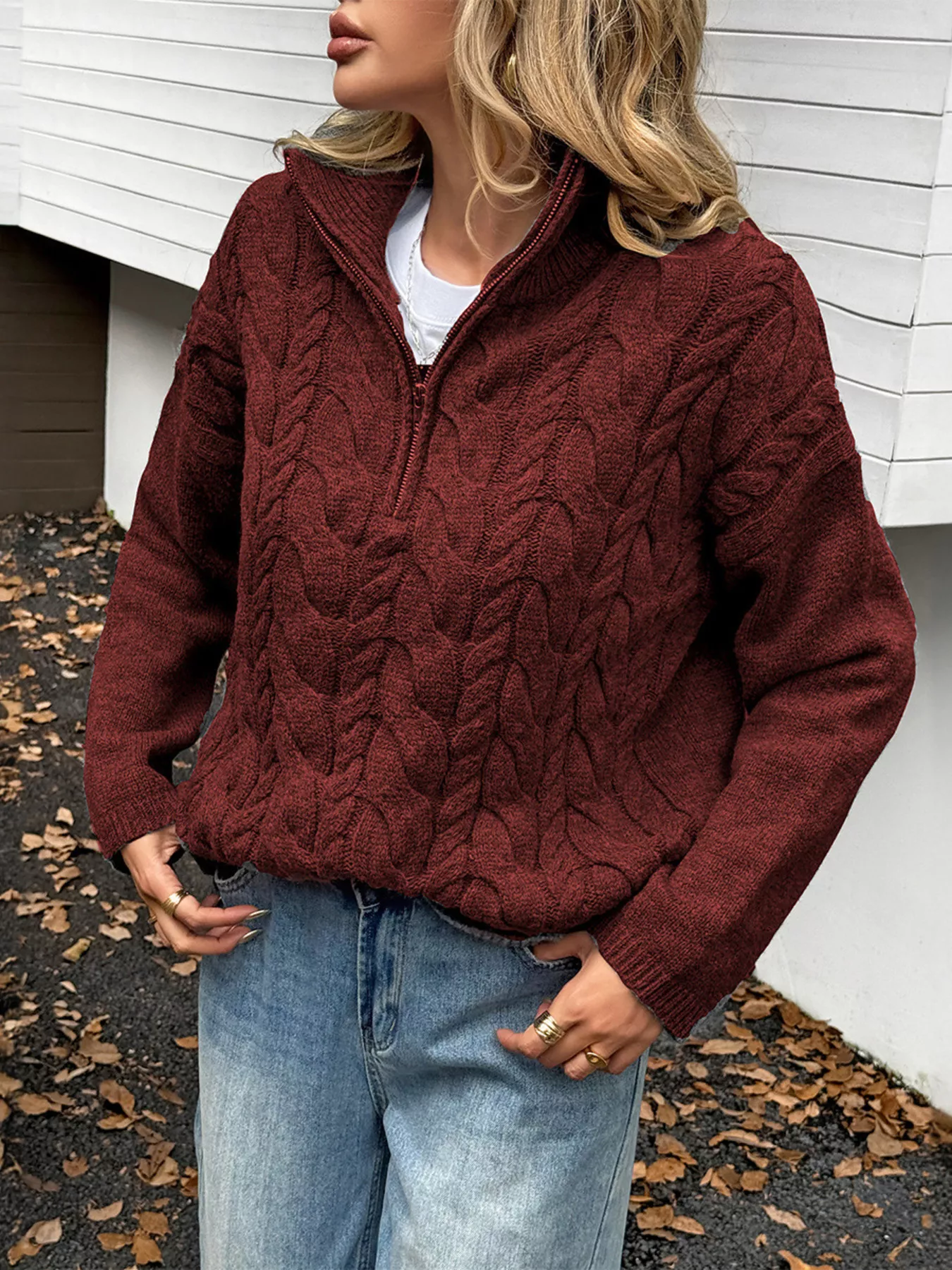 Zip Collar Cable-Knit Sweater - Image 5