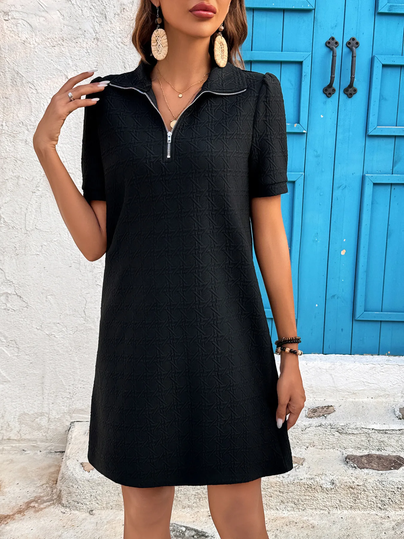 Zip Collar Short Sleeve Casual Mini Dress - Image 3