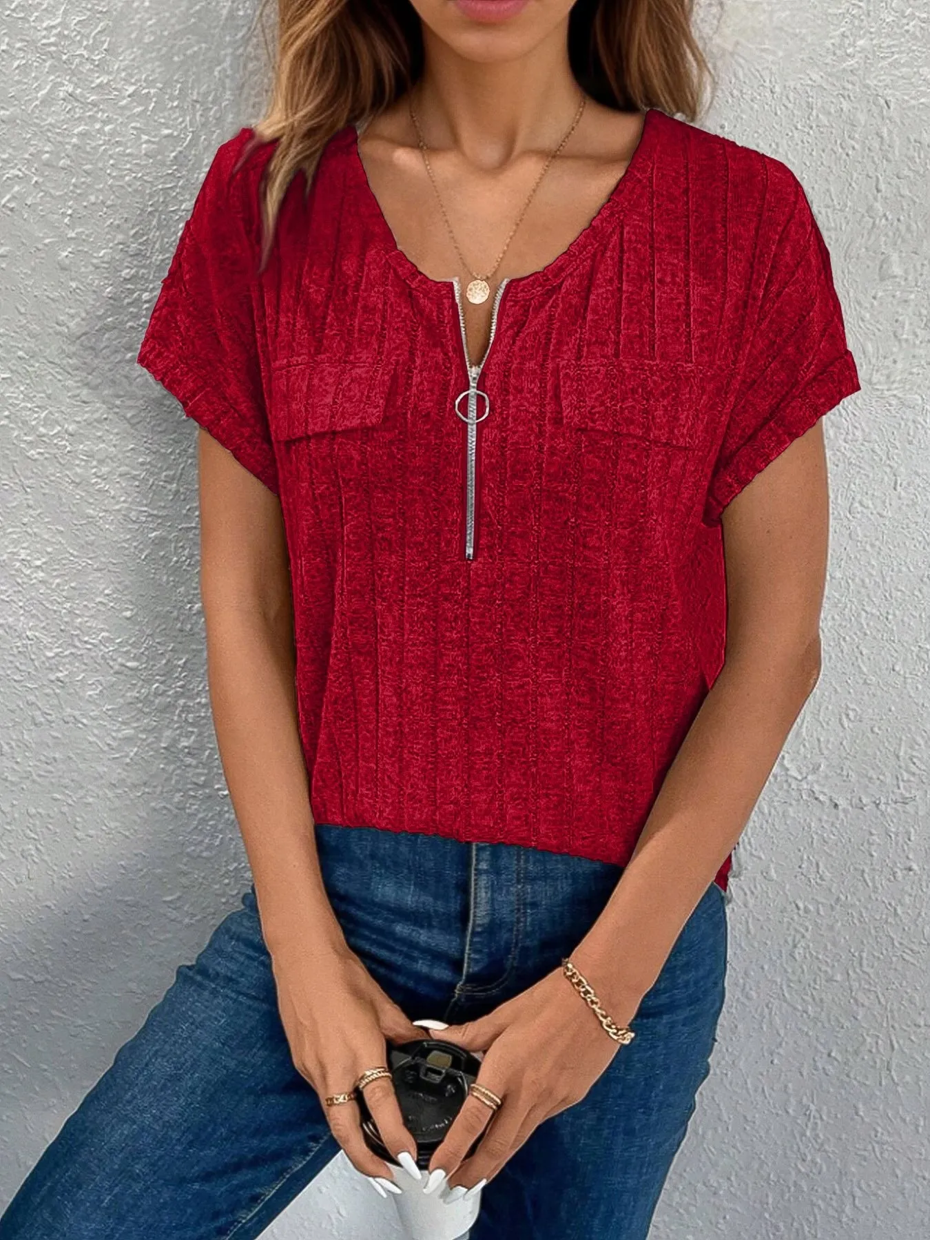 Zip-Front Short Sleeve T-Shirt - Image 15