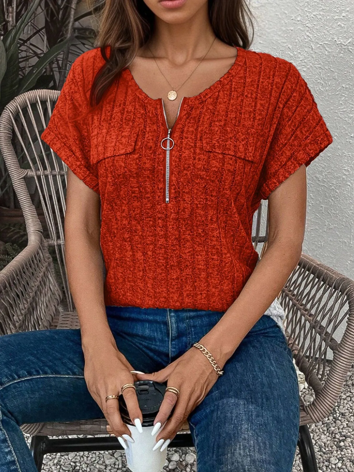 Zip-Front Short Sleeve T-Shirt - Image 2