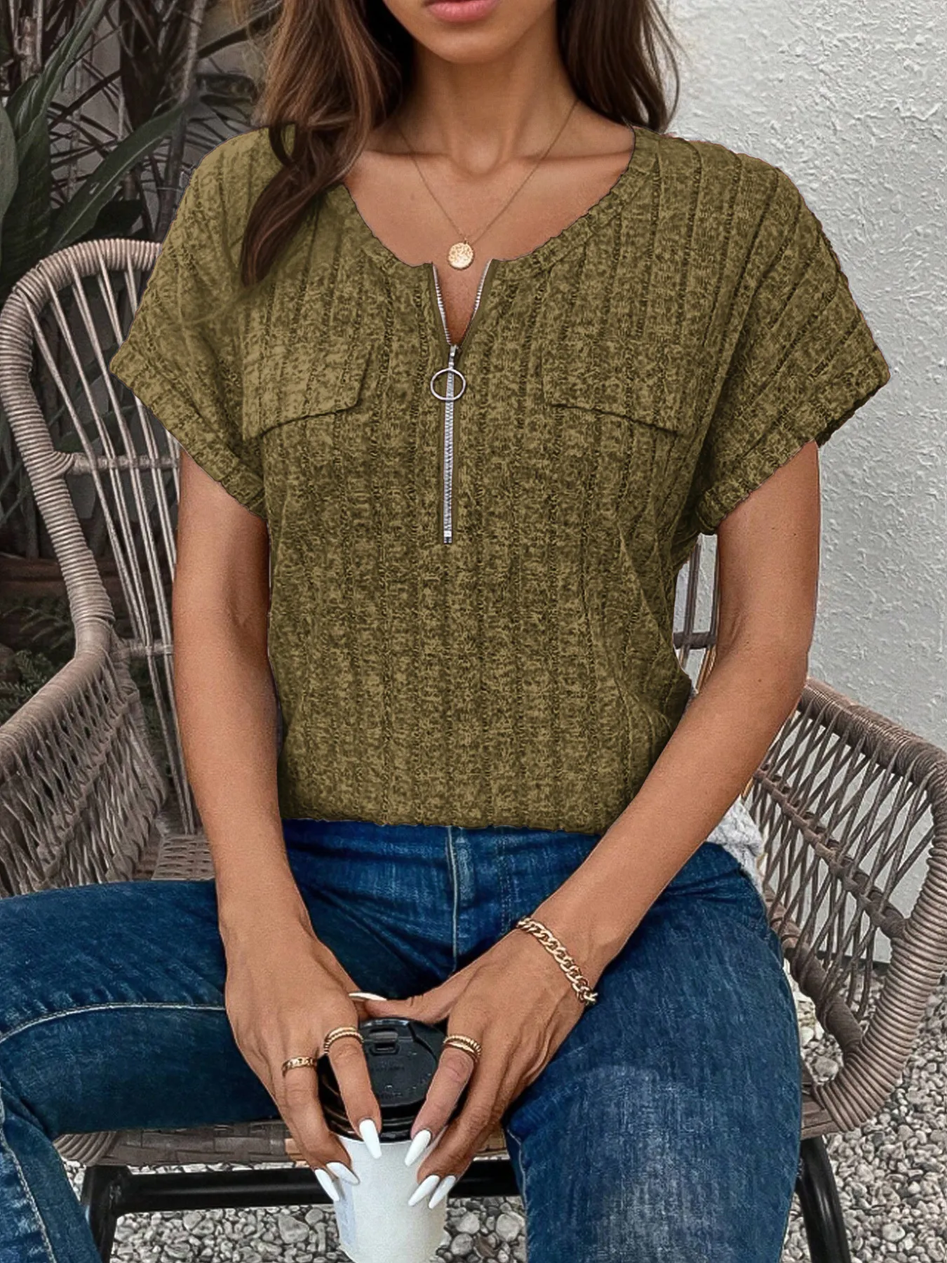Zip-Front Short Sleeve T-Shirt - Image 8