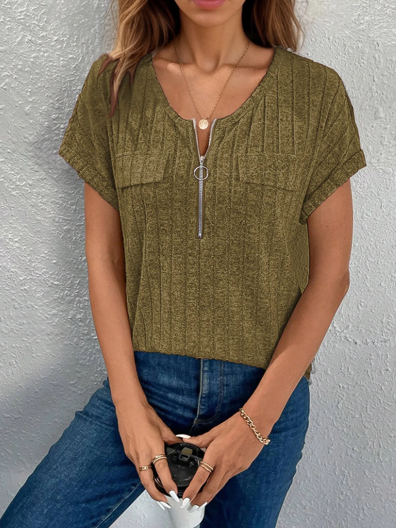 Zip-Front Short Sleeve T-Shirt - Image 9