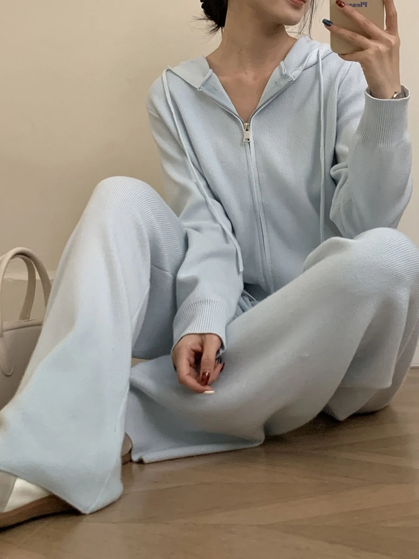 Zip Up Cardigan and Drawstring Wide Leg Pants Knit Set - Image 18