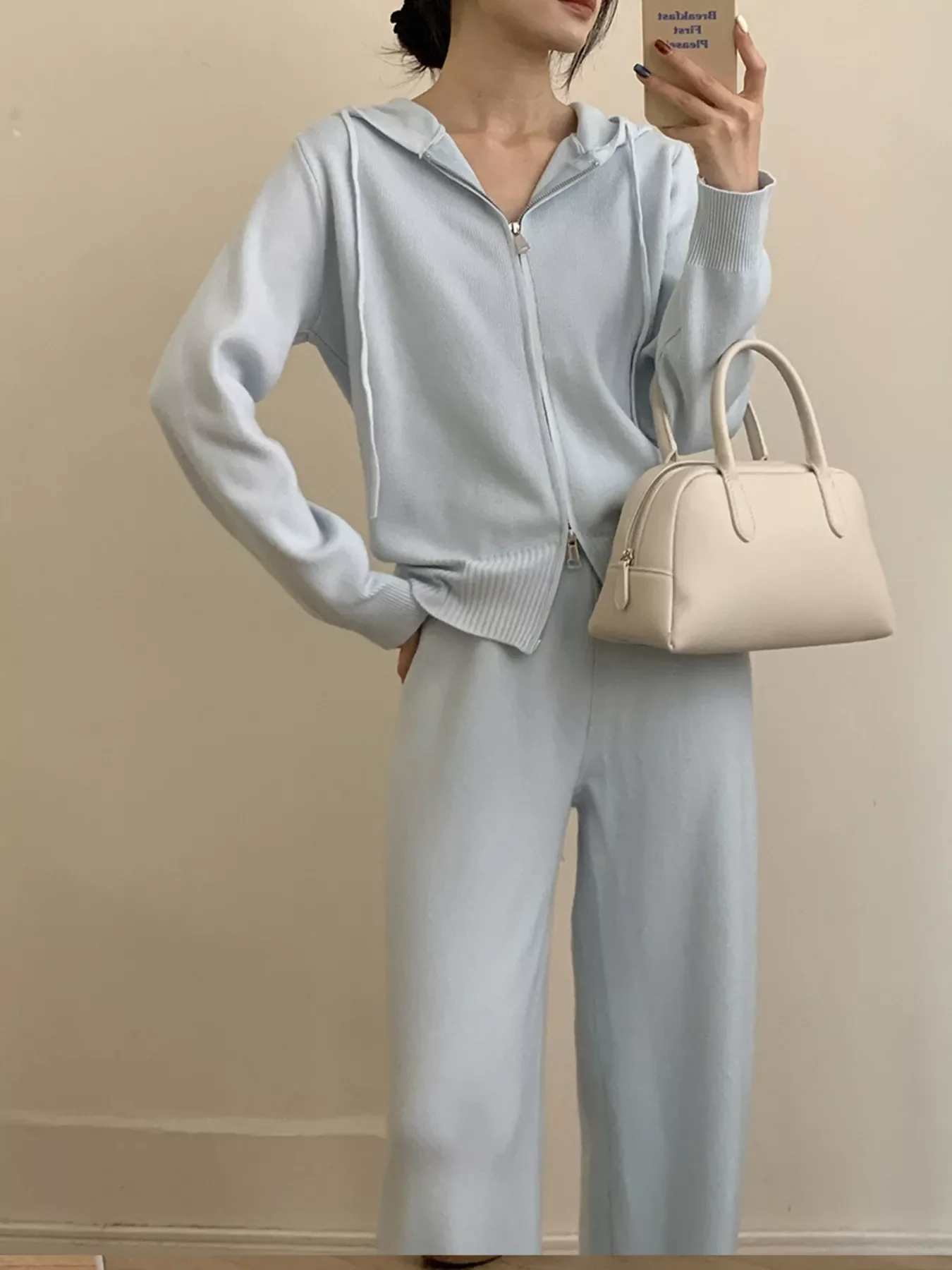 Zip Up Cardigan and Drawstring Wide Leg Pants Knit Set - Image 19