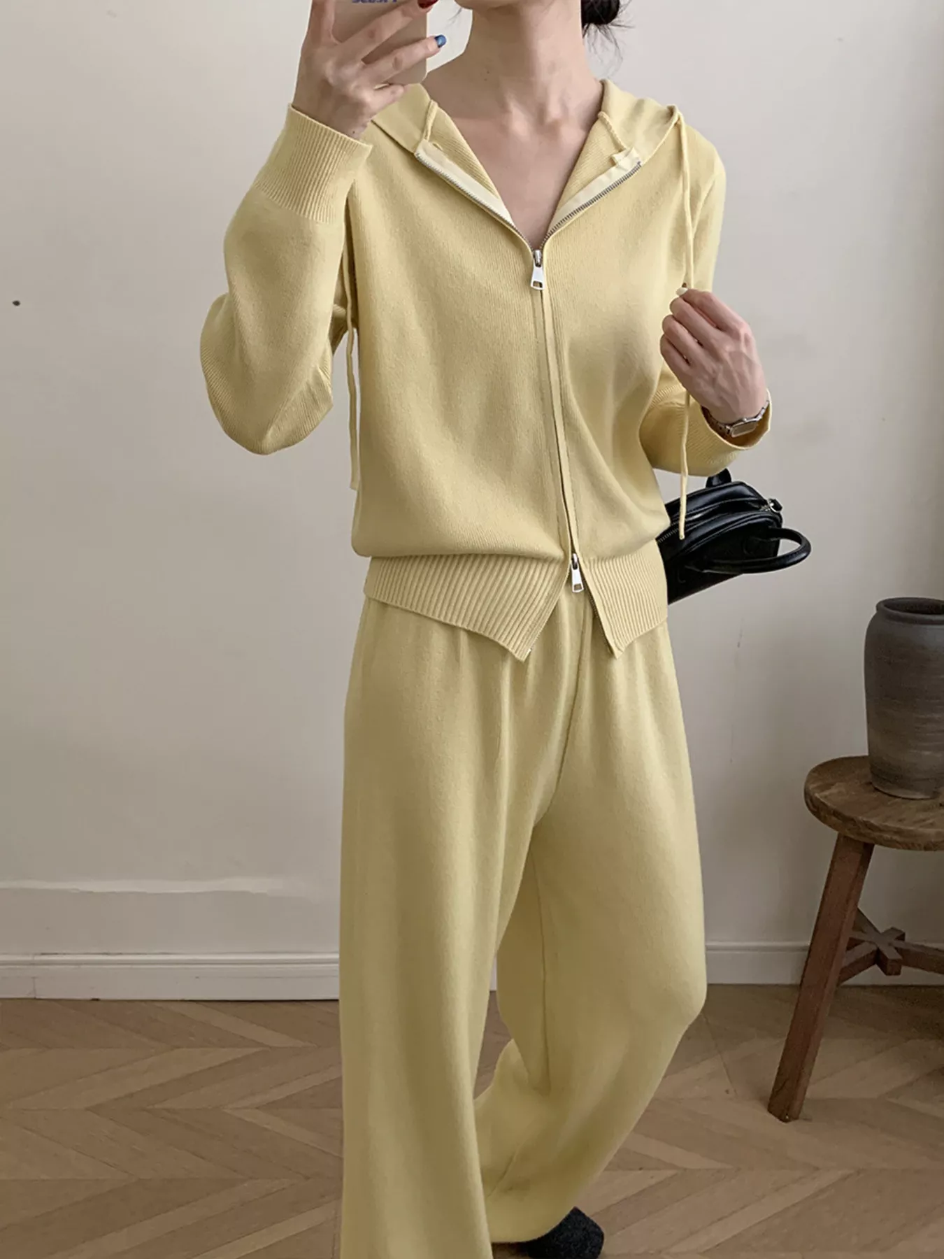 Zip Up Cardigan and Drawstring Wide Leg Pants Knit Set - Image 22