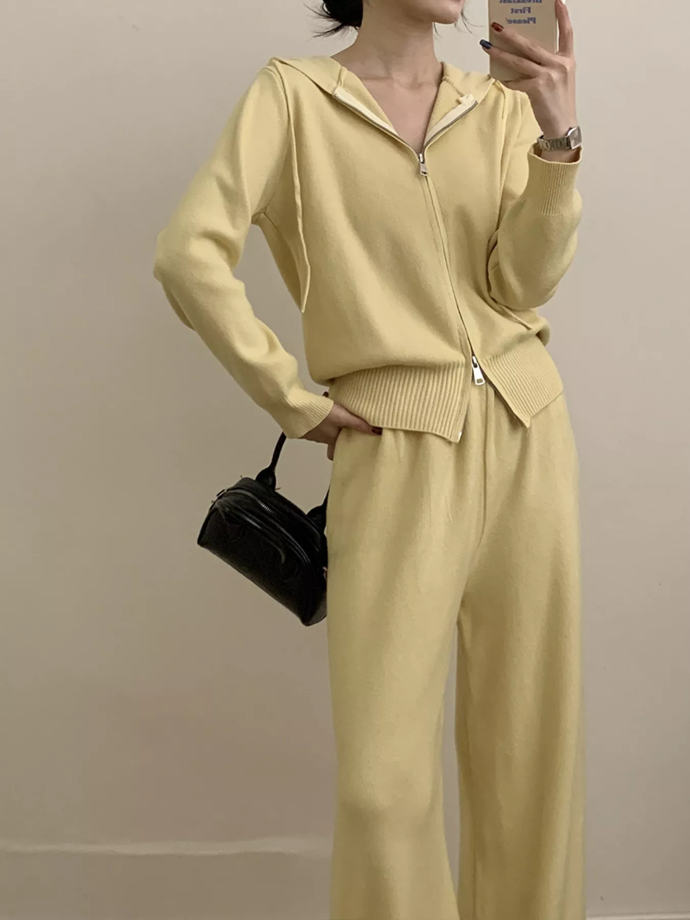 Zip Up Cardigan and Drawstring Wide Leg Pants Knit Set - Image 25