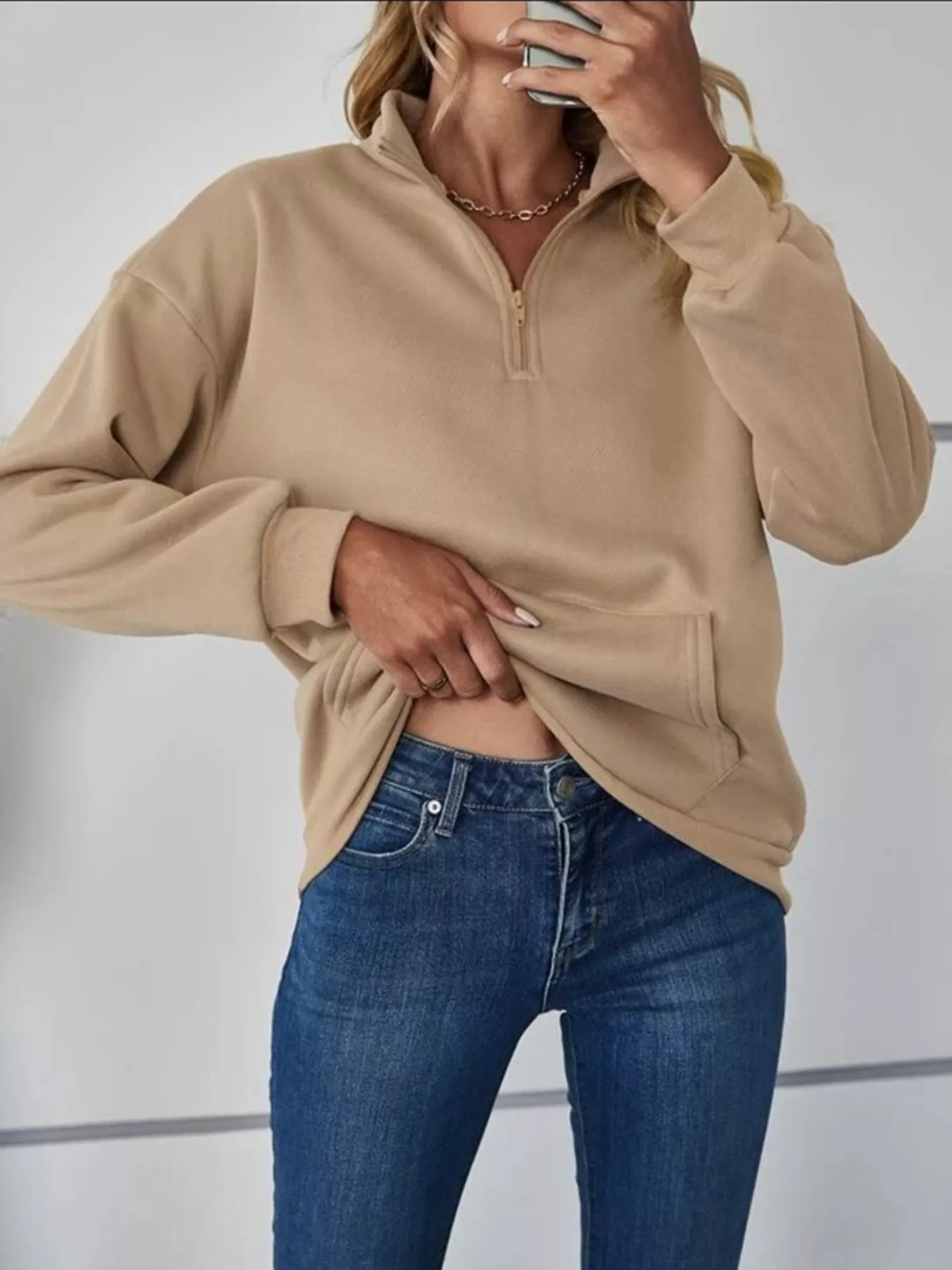 Zip-Up Collar Sweatshirt with Pocket - Image 13