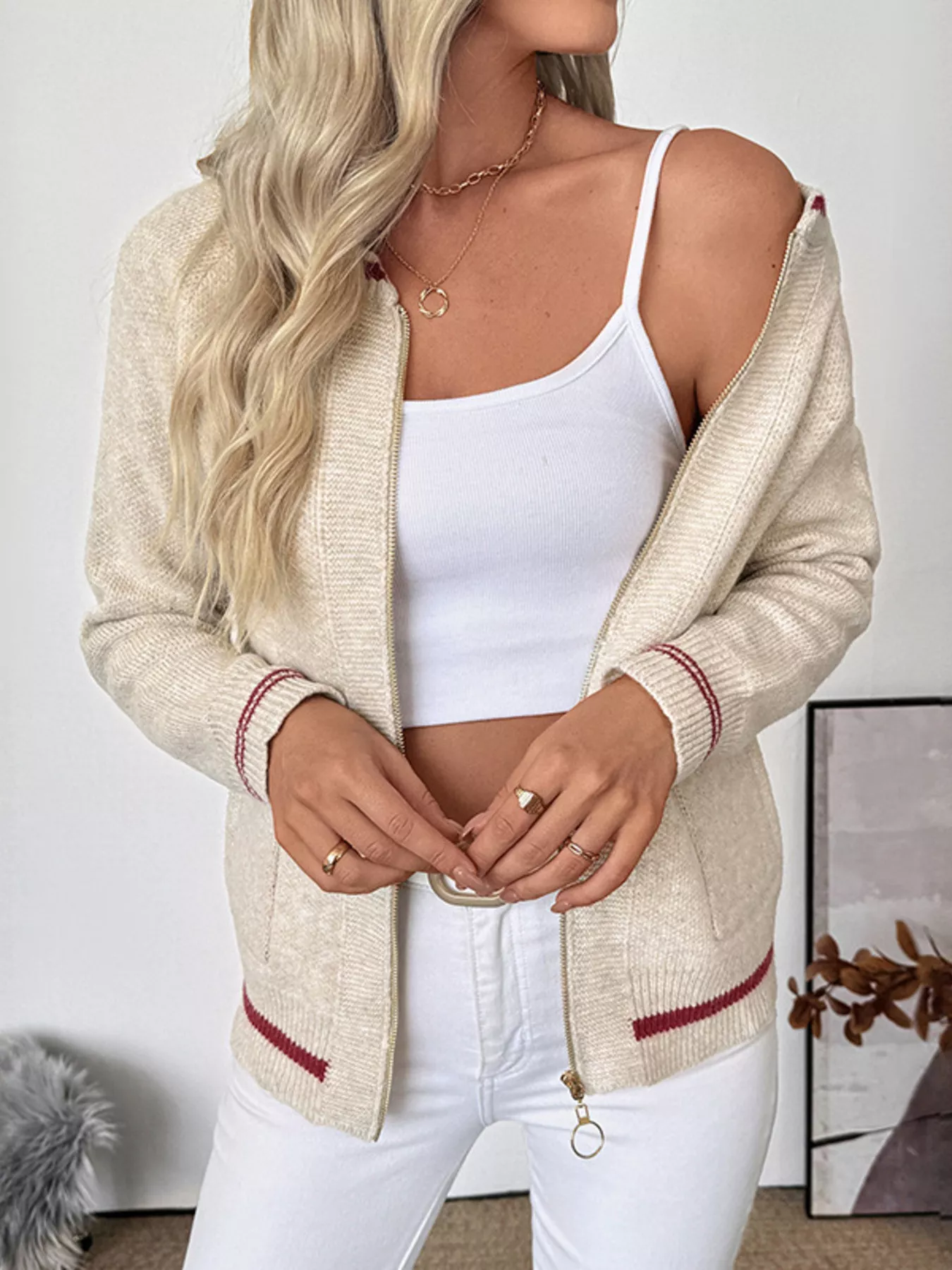 Zip-Up Contrast Trim Cardigan - Image 7