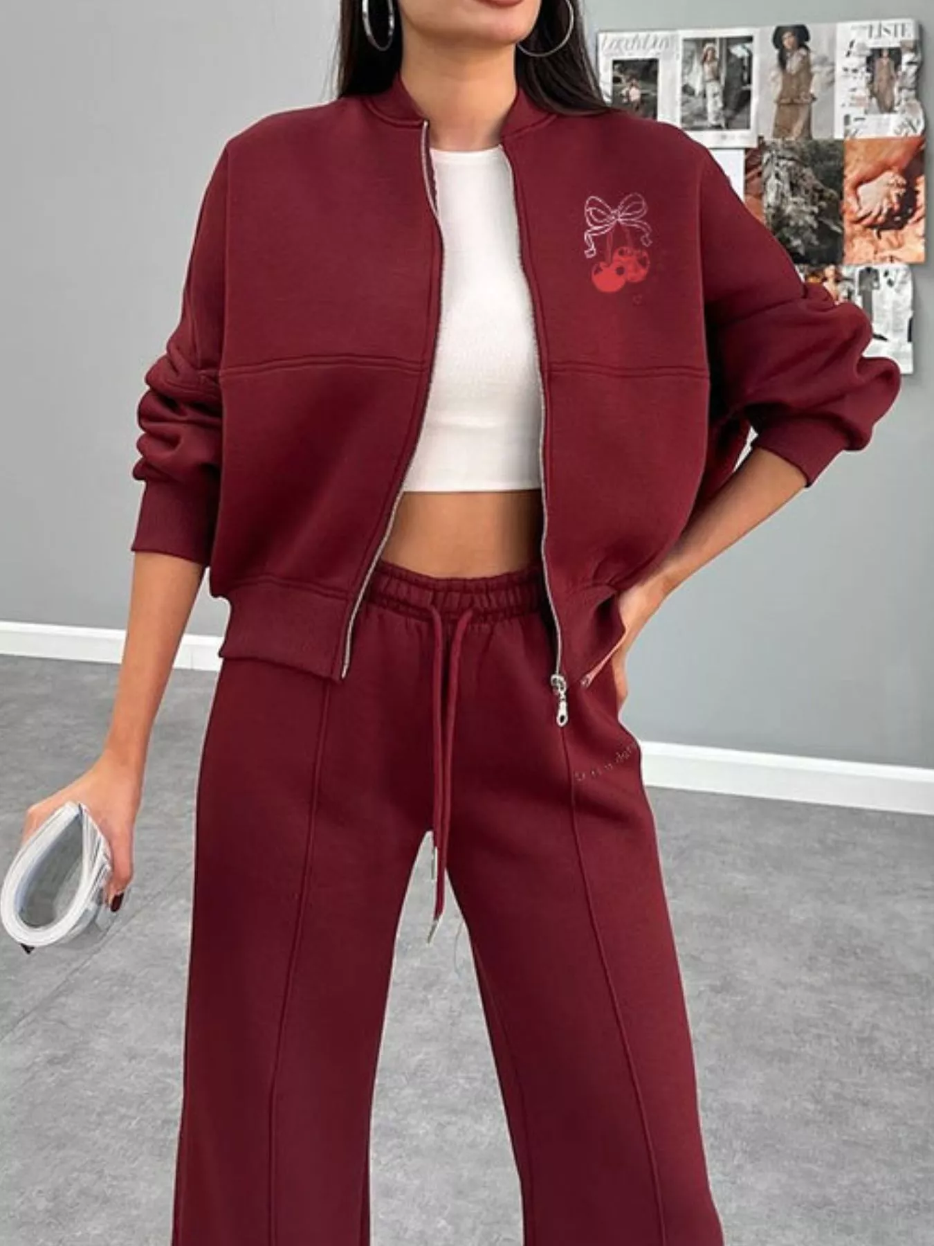 Zip Up Dropped Shoulder Outerwear and Pants Set - Image 10