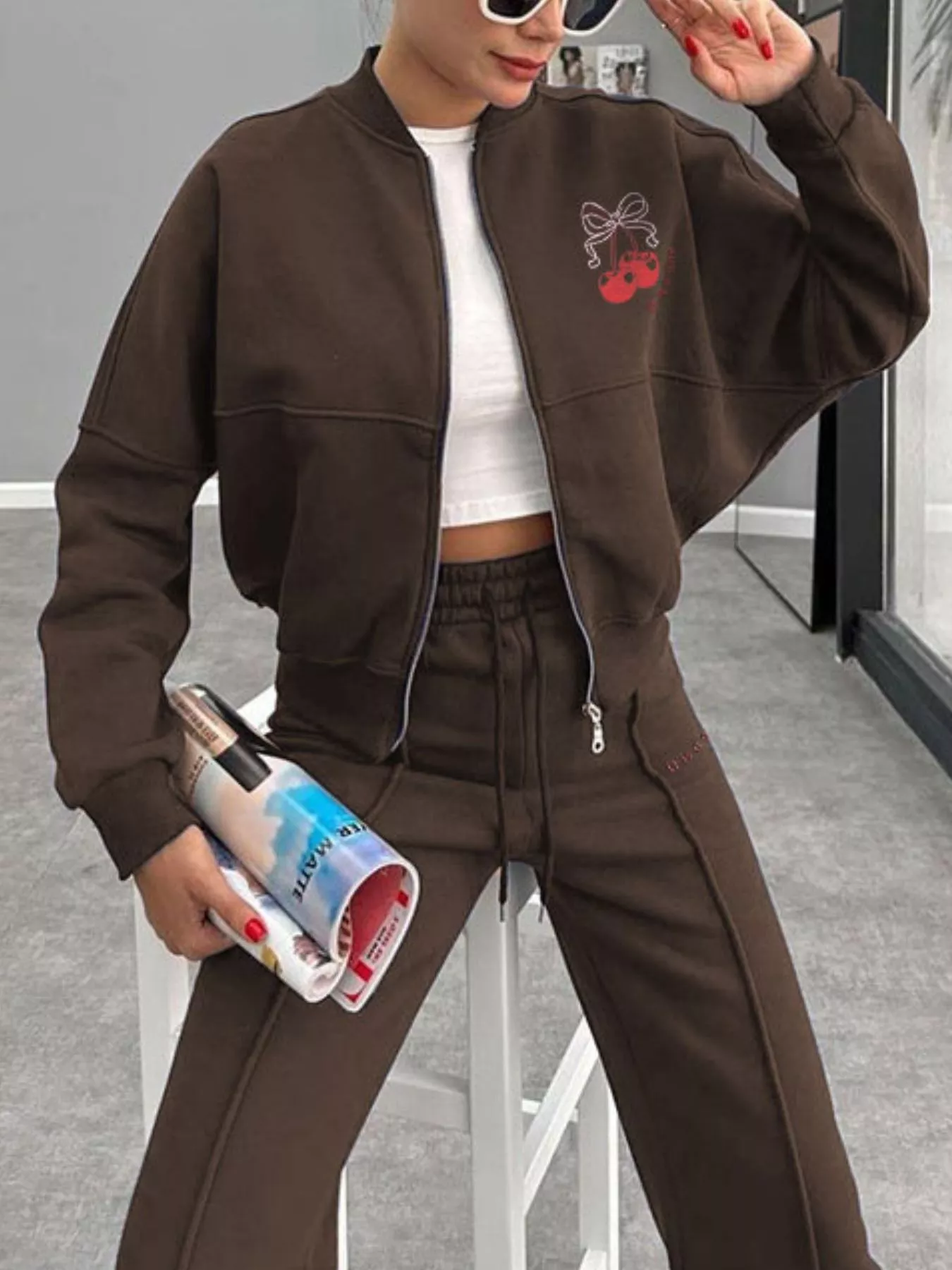Zip Up Dropped Shoulder Outerwear and Pants Set - Image 21