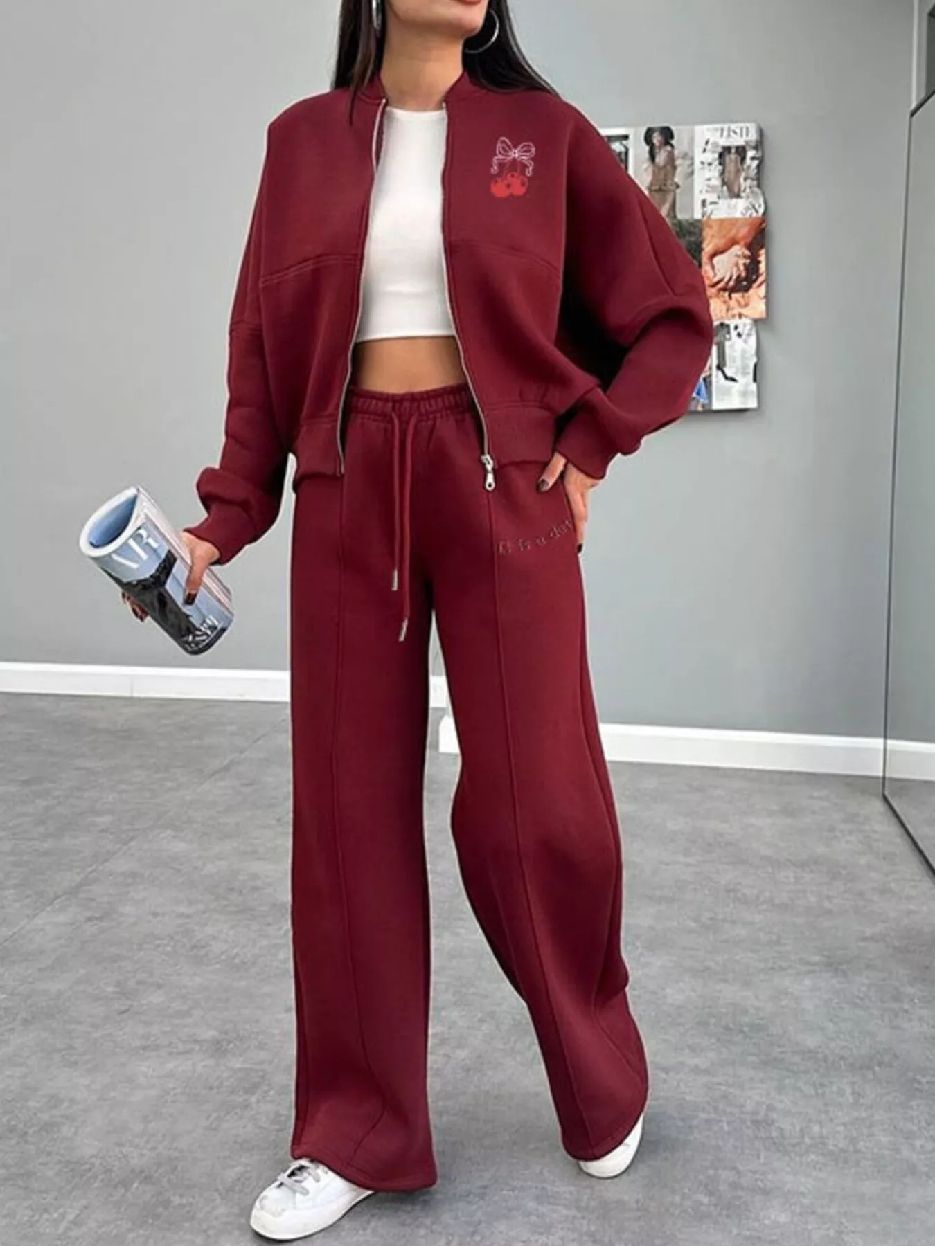 Zip Up Dropped Shoulder Outerwear and Pants Set - Image 8