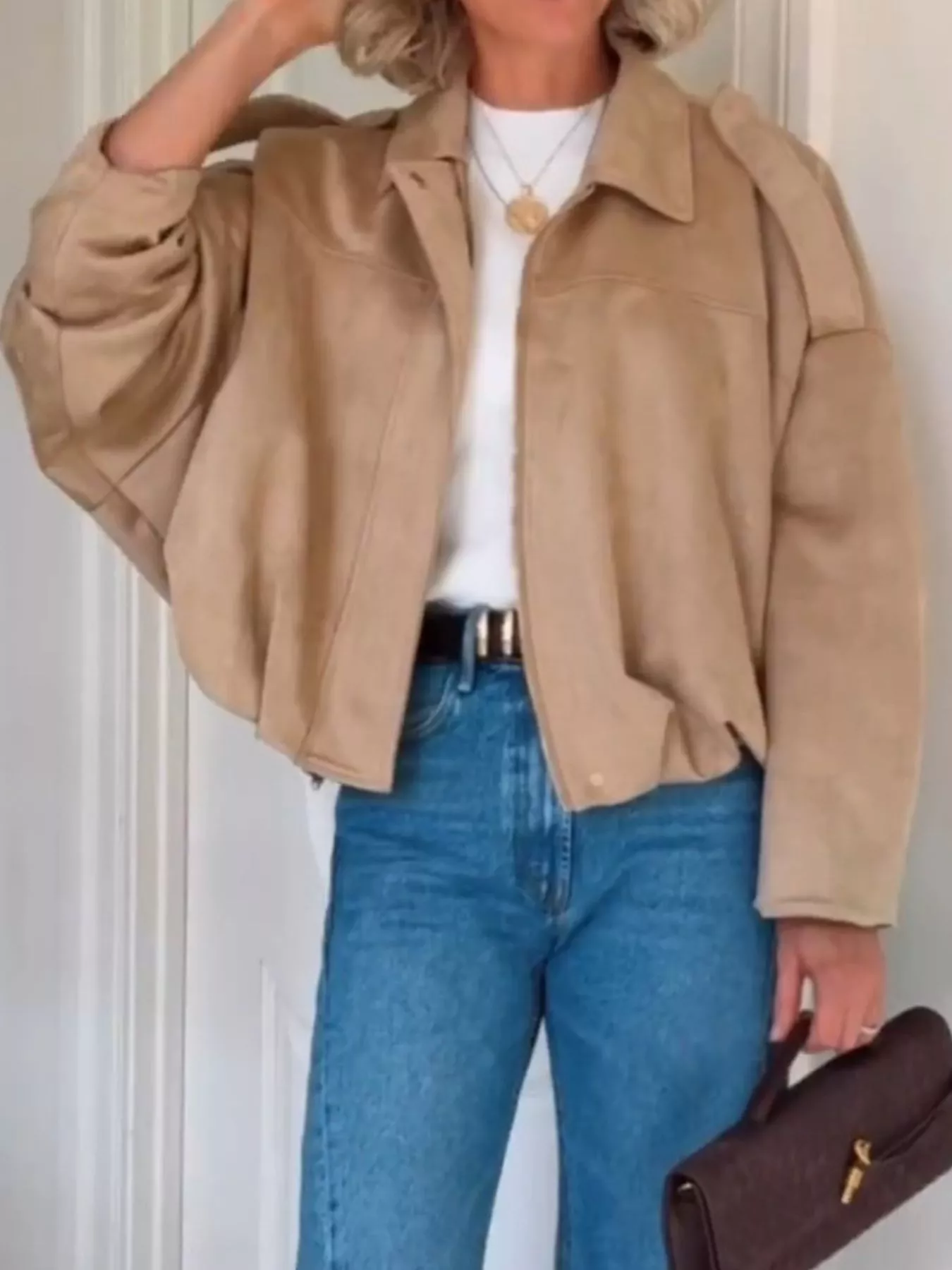 Zip Up Dropped Shoulder Suede Jacket - Image 2