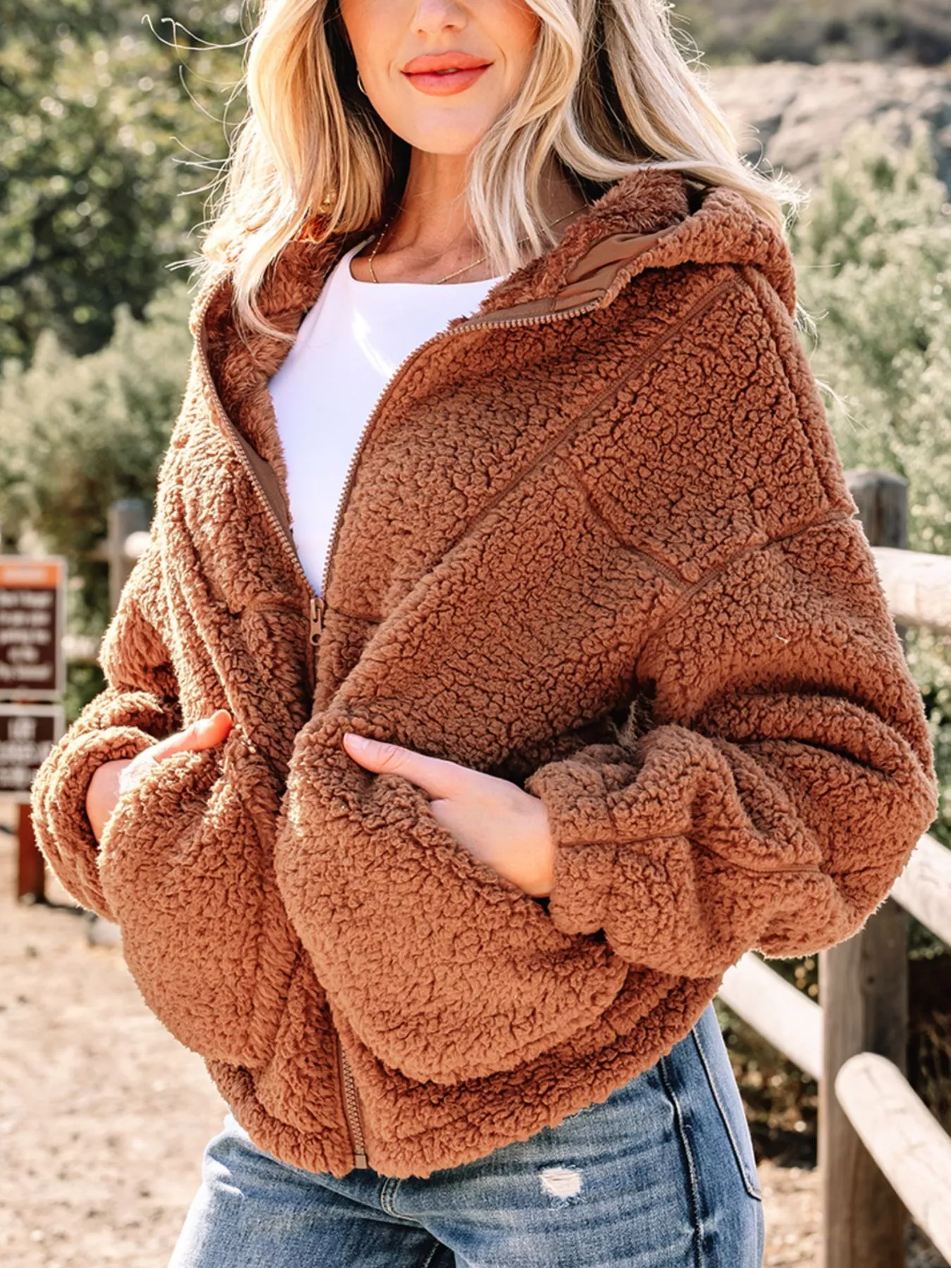 Zip Up Hooded Sherpa Jacket - Image 3