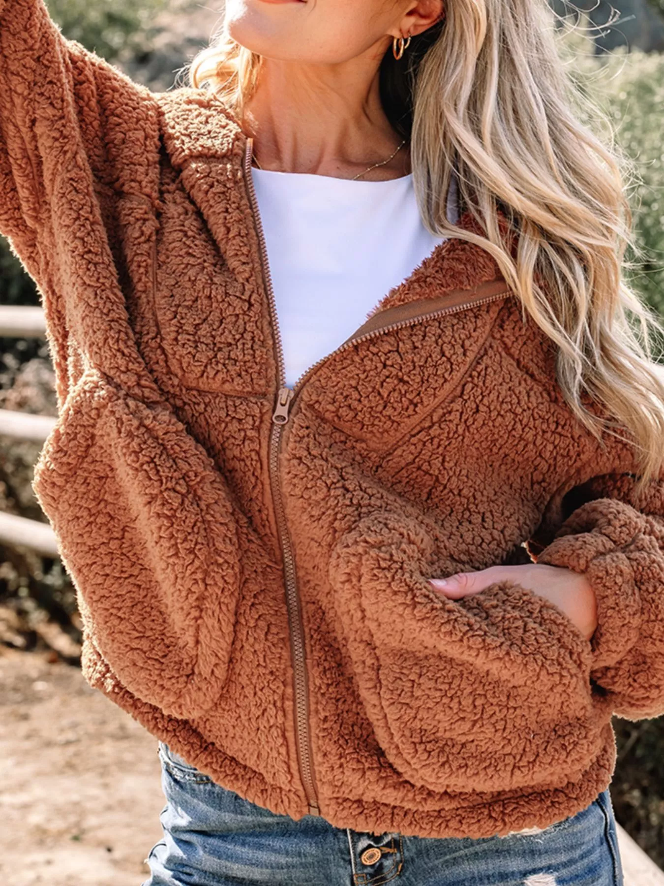 Zip Up Hooded Sherpa Jacket - Image 4