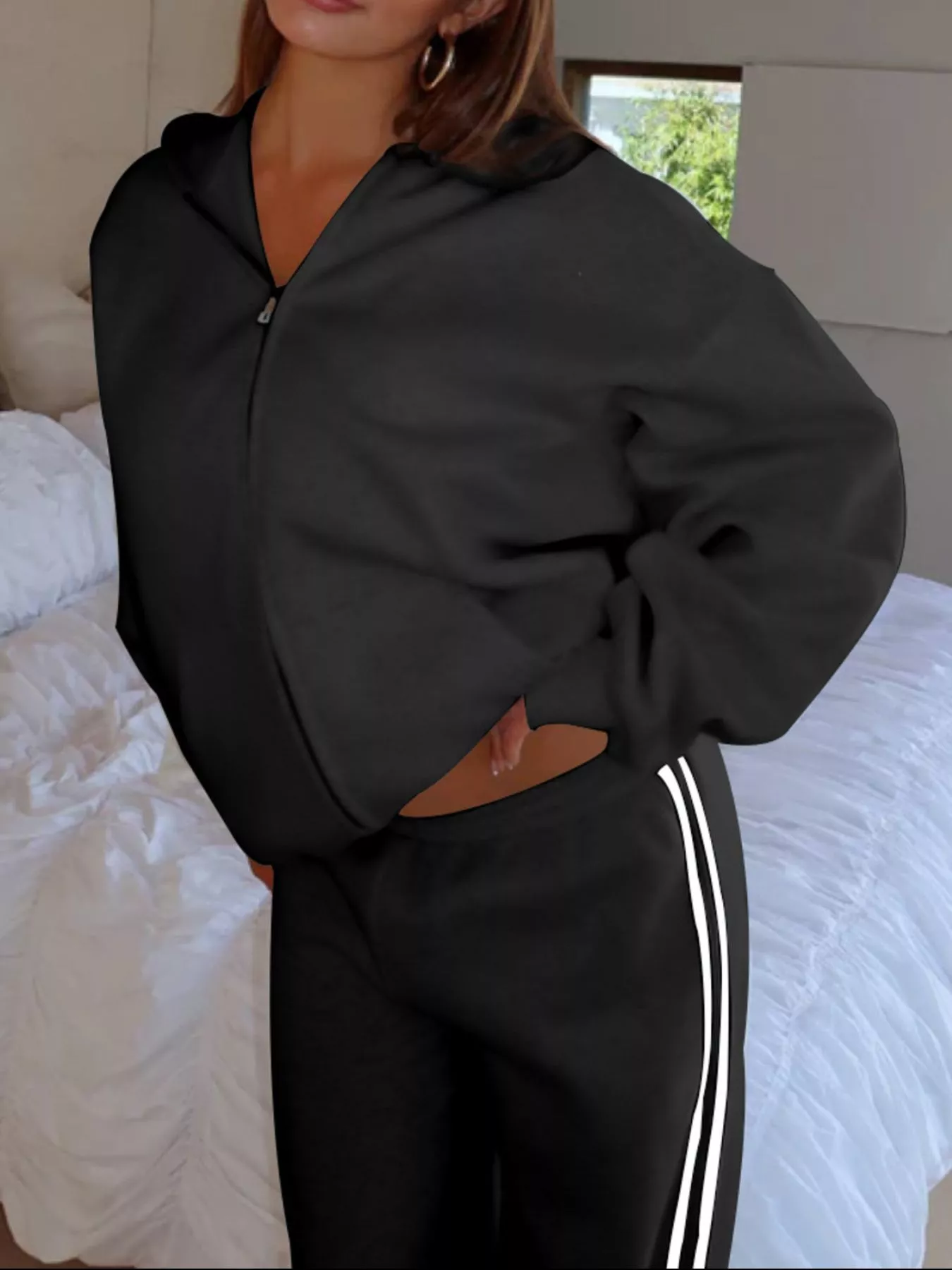 Zip Up Hoodie and Striped Pants Set - Image 2