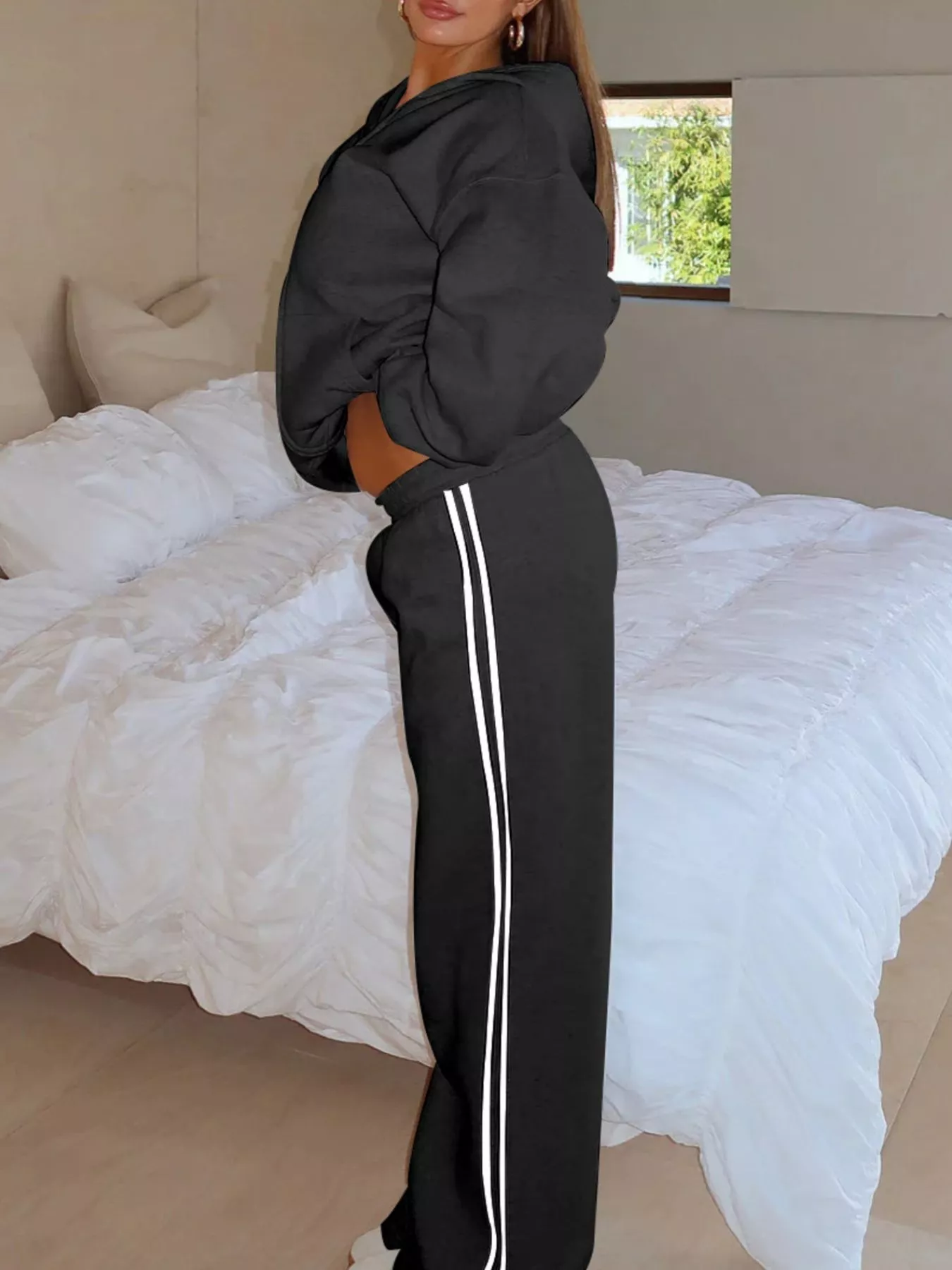 Zip Up Hoodie and Striped Pants Set - Image 5
