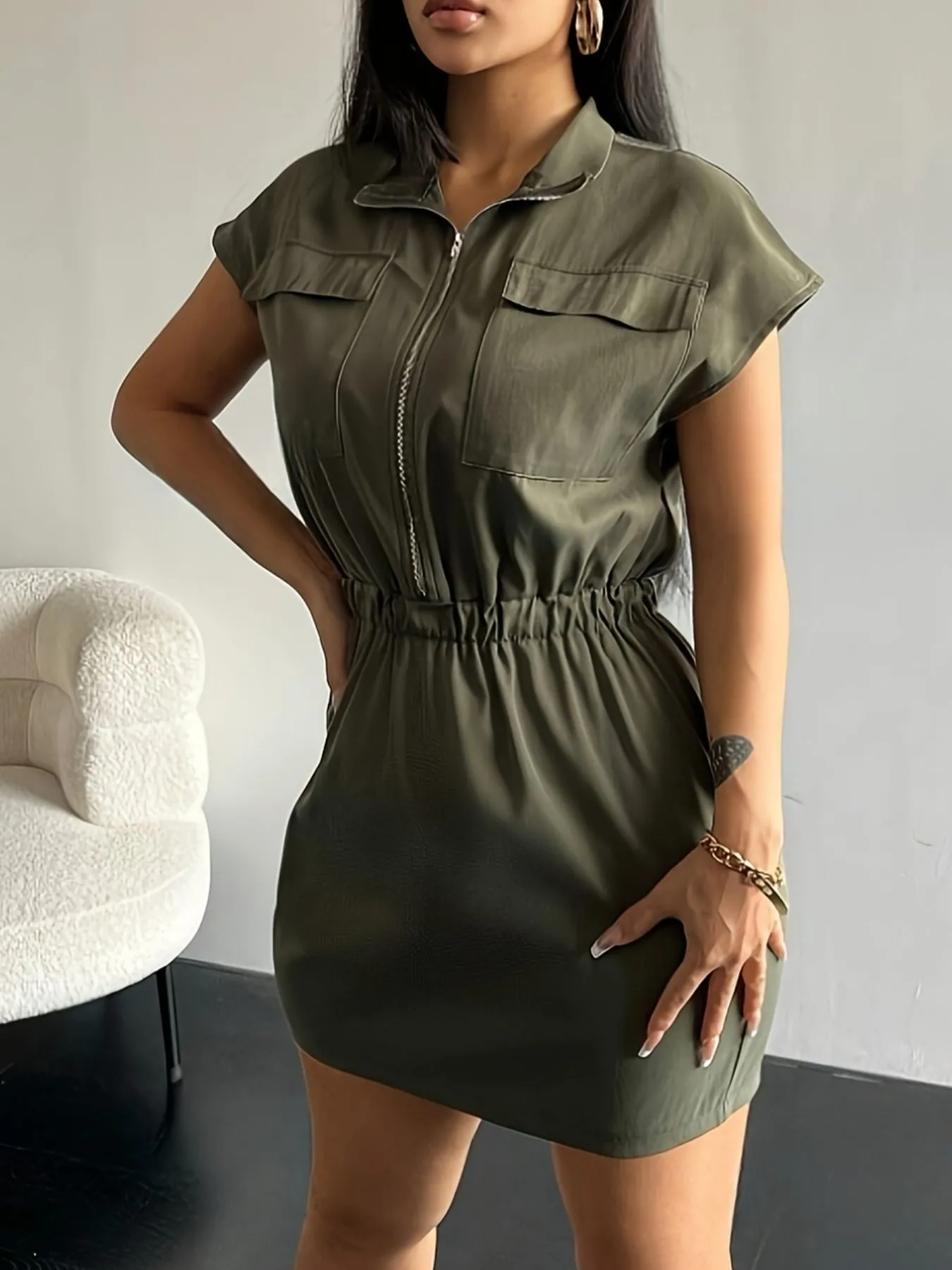 Zipper Front Short Sleeve Mini Dress - Image 2